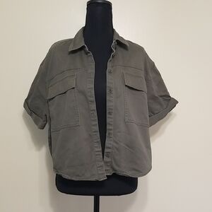 Madewell Cuffed Short Sleeve Shacket Olive Green Button-Up Utility Shirt Size L